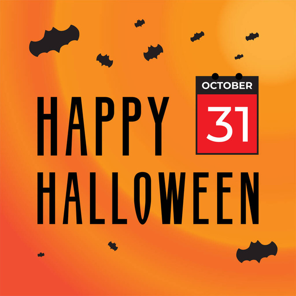 Happy Halloween Greeting Card with Flying Bats And Calendar Element Design. Social Media Post Template. Dark Orange Color Theme - Vector, Imagen