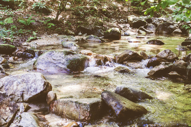Kaunis metsämaisema, virtaava vesi, Mountain Creek, kesäpäivä luonnossa  - Valokuva, kuva