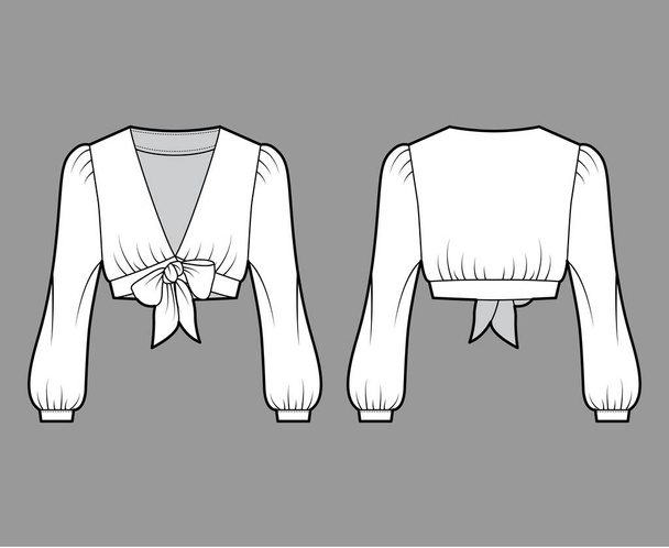 Chemise cravate recadrée illustration de mode technique à manches longues volumineuses, décolleté plongeant. Blouse plate - Vecteur, image
