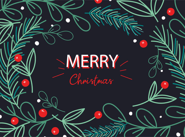 Moden Christmas hand draw background with green floral elements. - Vector, Image