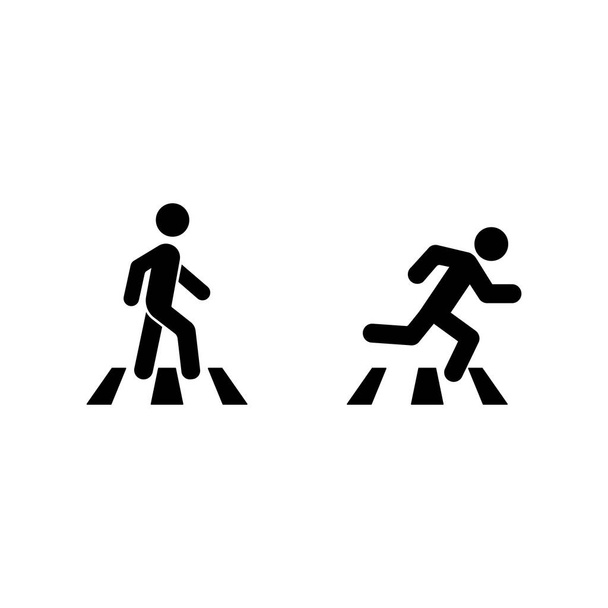 Crosswalk. Mies kävelee ja juoksee tien yli. Jalankulkija on seeprassa, tikku-ihmisikoni. Vektori eristetyllä valkoisella taustalla. EPS 10 - Vektori, kuva