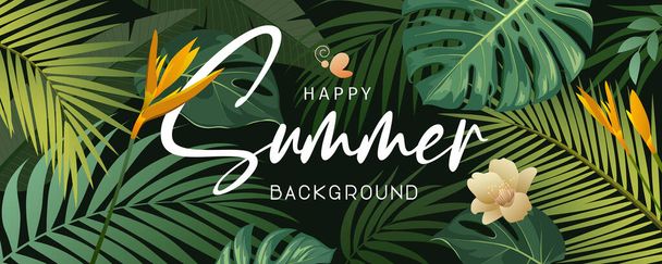 Feliz verão tropical verde folha e flor banner fundo, Eps 10 ilustração vetorial - Vetor, Imagem