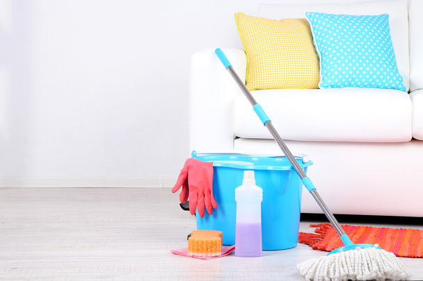 Floor mop and bucket for washing in room - Фото, изображение