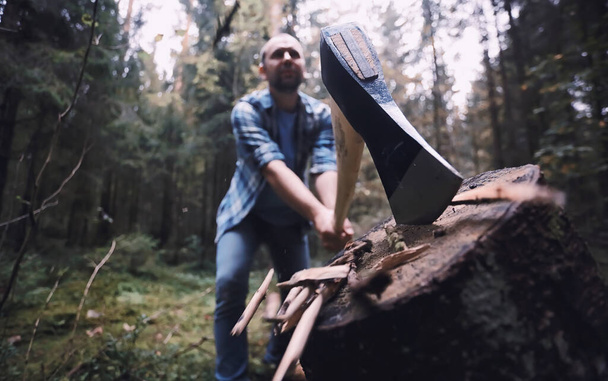 Мужчина дровосек в лесу. Профессиональный лесоруб проверяет деревья на предмет вырубки. - Фото, изображение