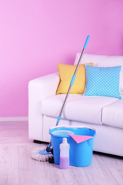 Floor mop and bucket for washing in room - Φωτογραφία, εικόνα