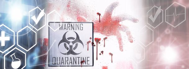 Quarantaine. Quarantaine waarschuwingsbord op een glazen deur in ziekenhuis isolator. isolatie van patiënten met het virus in speciale laboratoria. Virussen. - Foto, afbeelding