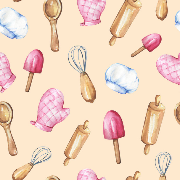 Collection of kitchen items hand-drawn in watercolor on a beige background. Kitchen, cafe seamless pattern. - Photo, Image