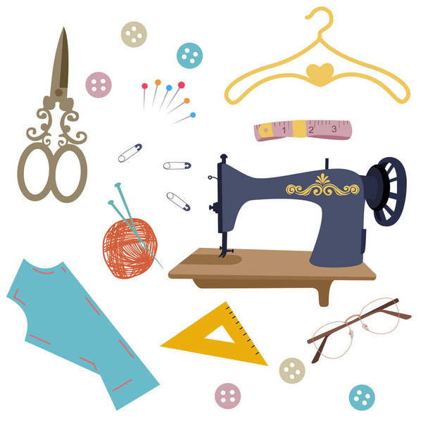 Conjunto de iconos de objeto a medida colección máquina de coser aguja de hilo de tijera pin con estilo plano de dibujos animados. - Vector, Imagen