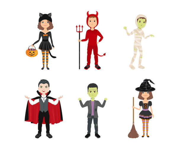 Kids in halloween costumes isolated on white background. Girls in witch and cat costumes. Boys in halloween costume of Frankenstein, Dracula, mummy, devil. Vector illustration in cartoon flat style. - Vector, Image