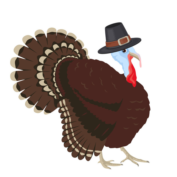 Cartoon kalkoen in pelgrim hoed geïsoleerd op een witte achtergrond. Thanksgiving vector illustratie in platte stijl. - Vector, afbeelding