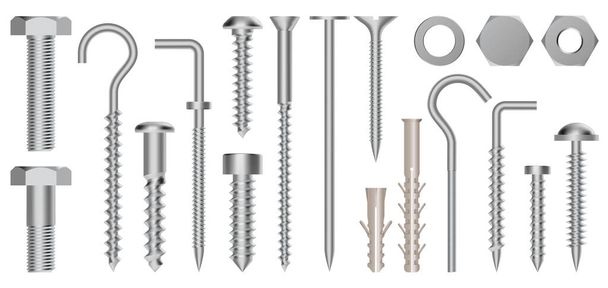 Realistic 3d screws and bolts. Hardware stainless screws, bolts, screw, nuts and eye hooks, metal fixation gear isolated vector illustration set - Vector, Image