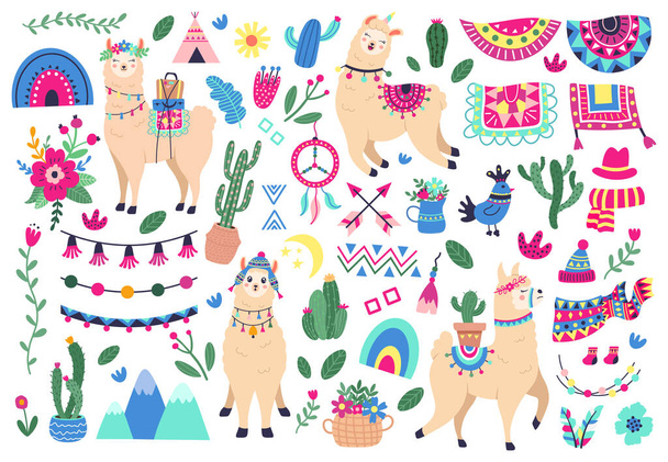 Llamas mexicanas. Animales silvestres de llama y alpaca peruana, personajes divertidos de llamas e iconos de ilustración de vectores de símbolos étnicos de Perú - Vector, Imagen