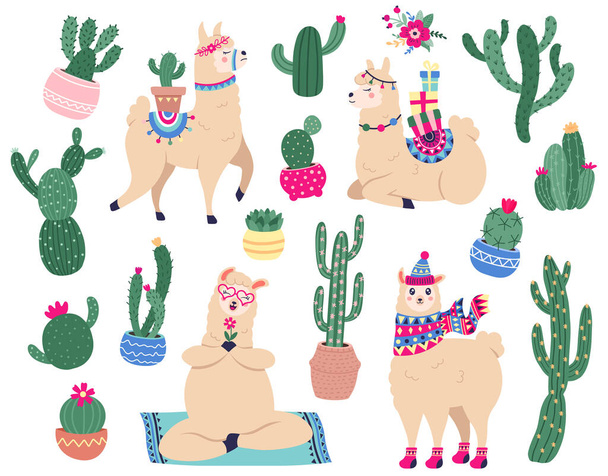 Llamas and cactus. Mexican cute alpaca with desert plants, funny peruvian llama characters with succulents and cactus vector illustration set - Vector, Image