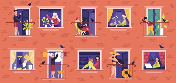 Mensen in de ramen. Buren personages communiceren, mannelijke en vrouwelijke mensen in ramen frames, buren dagelijks leven vector illustratie set - Vector, afbeelding