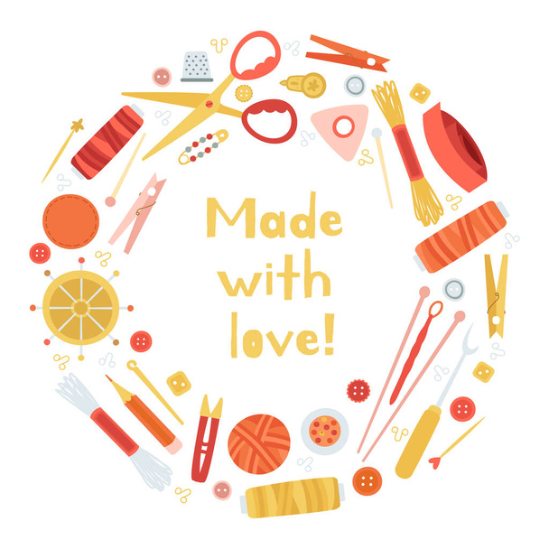 Handmade needlework concept. Creative hobby tools circle frame, round knitting and needlework elements vector background illustration - Vector, Image
