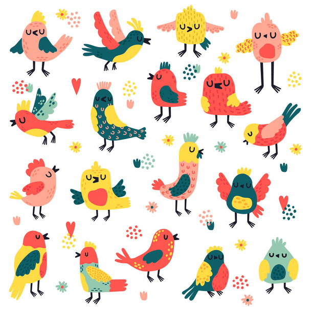 Ptáci. Roztomilé ručně kreslené ptáky, čmáranice pestrobarevné avifauna, krásné holubice a vrabci, jednoduché freehand ptáci vektorové ilustrační set - Vektor, obrázek
