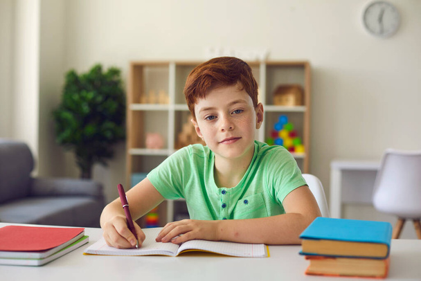 Serious schoolboy looking at camera during online conference with teacher and taking notes. Child studying from home - Foto, Bild