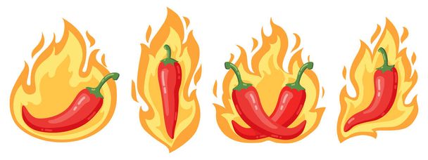 Forró chilipaprika. Rajzfilm fűszeres piros chili paprika a tűz lángok, piros forró égő mexikói paprika izolált vektor illusztráció ikonok készlet - Vektor, kép