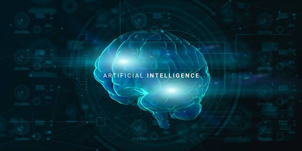 Concept d'intelligence artificielle. Projection de cerveau numérique rayonnante sur fond Hud abstrait - Photo, image
