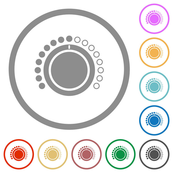 Контроль громкости плоские цветовые иконки в круглых контурах на белом фоне - Вектор,изображение