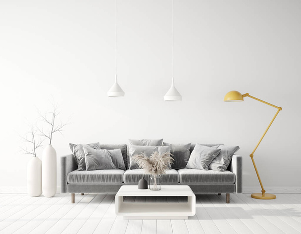 Modern design interior with grey sofa. Scandinavian furniture. 3d illustration - Fotoğraf, Görsel