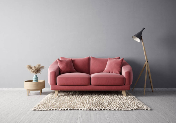 Modern design interior with red sofa. Scandinavian furniture. 3d illustration - Foto, imagen