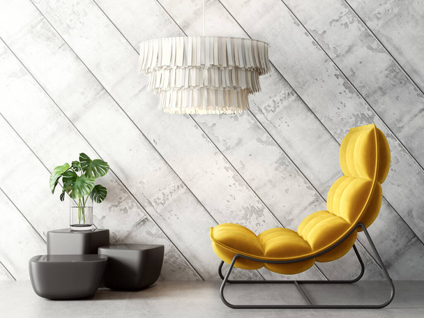 Moderní design interiéru se žlutým křeslem. Skandinávský nábytek. 3D ilustrace - Fotografie, Obrázek