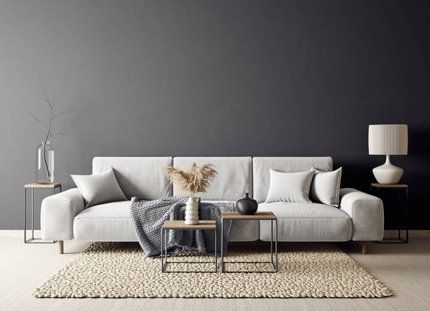 Modern design interior with white sofa. Scandinavian furniture. 3d illustration - Photo, image