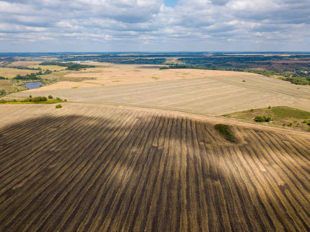 Vista aérea de drones. Campo de trigo colhido em um dia de sol. - Foto, Imagem