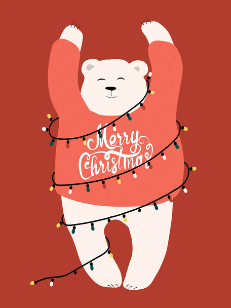 Милий різдвяний білий ведмідь в светрі і загорнутий в гірлянду. Векторні ізольовані смішні новорічні ілюстрації для різдвяних листівок, банерів та етикеток
.   - Вектор, зображення