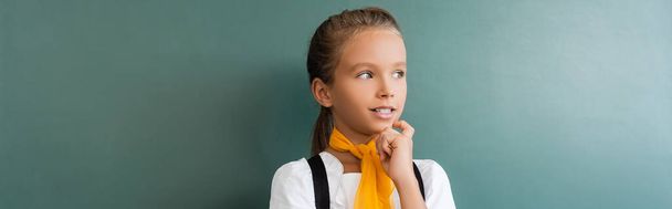 Panoramic shot of schoolgirl looking away near green chalkboard  - Foto, imagen