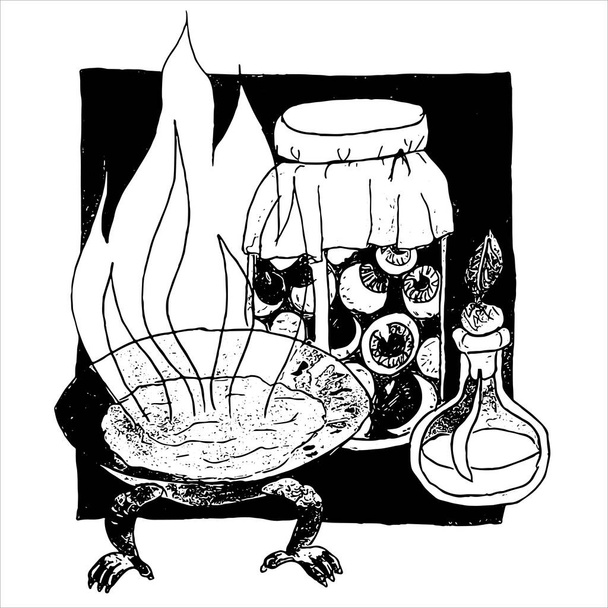 Samenstelling van zwart-wit Halloween hekserij symbolen: magisch vuur, flesje met elixer en potje met ogen. Alchemieelementen van de chemische geneeskunde. handgetekende illustratie in geïsoleerd vierkant - Vector, afbeelding