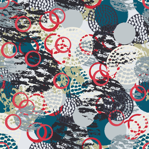Kleurrijke grunge abstract naadloos patroon met verschillende penseelstreken en vormen. Oneindigheid gestructureerde cirkels achtergrond. Vectorillustratie - Vector, afbeelding
