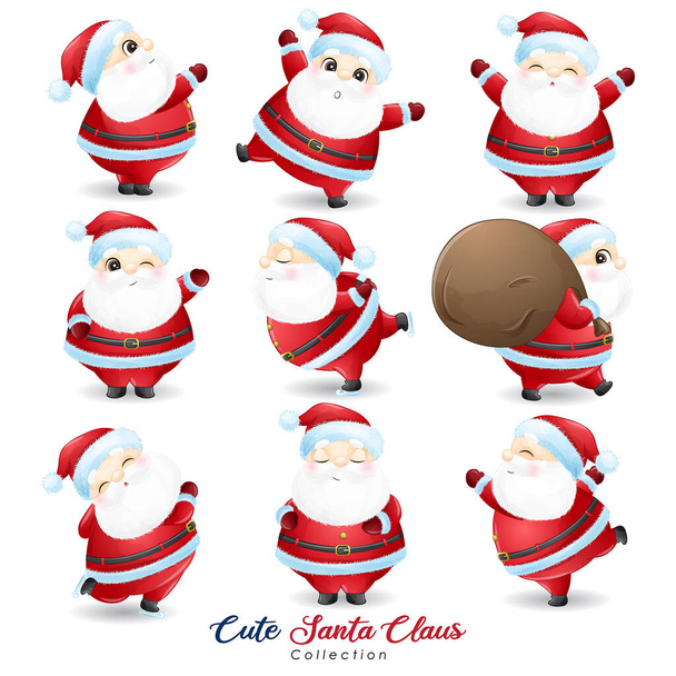 Cute doodle santa claus set for christmas day with watercolor illustration - Vector, Image