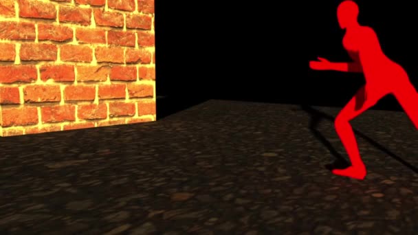 Un homme court vers le mur de briques, et après avoir frappé le mur, son corps tombe en morceaux brisés. simulation dynamique, animation 3D, rendu 3D - Séquence, vidéo