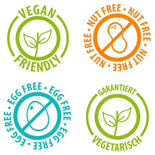 Vegan Friendly Icon Badge Design. Nut Free and Egg Free Bagdes. - Vector, Image