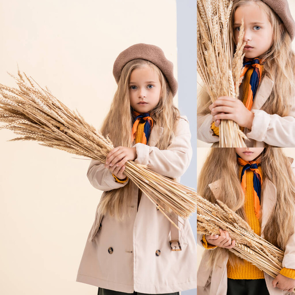 collage of fashionable blonde girl in autumn outfit with wheat spikes - Valokuva, kuva