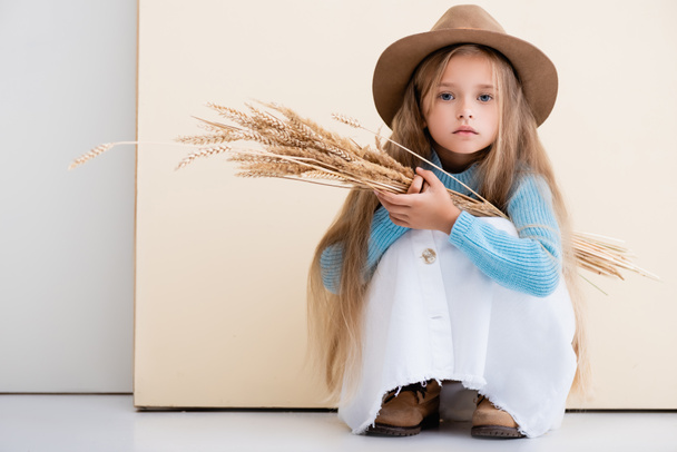 fashionable blonde girl in hat, white skirt and blue sweater with wheat spikes sitting on beige background - Photo, Image