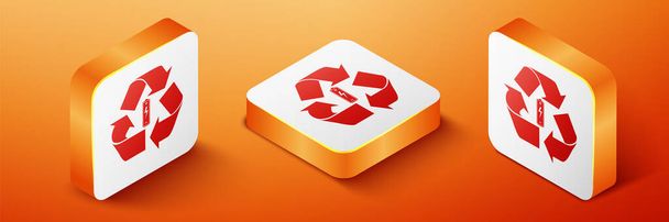 Isometric Battery with recycle symbol icon isolated on orange background. Battery with recycling symbol - renewable energy concept. Orange square button. Vector. - Vector, Image