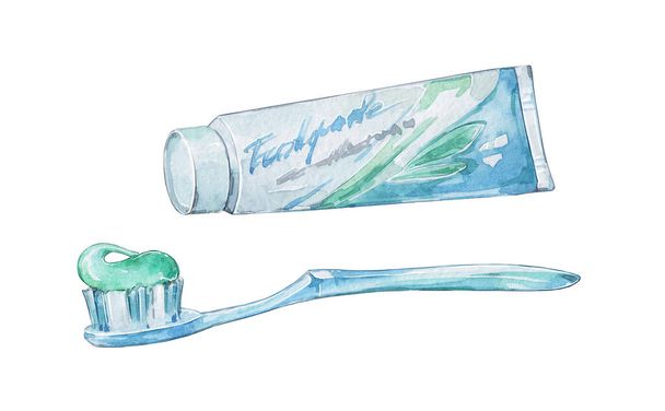 azul cepillo de dientes y pasta tubo aislado acuarela arte - Foto, Imagen