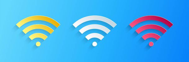 Papír vágott Wi-Fi vezeték nélküli internet hálózati szimbólum ikon elszigetelt kék alapon. Papírművészeti stílus. Vektor. - Vektor, kép