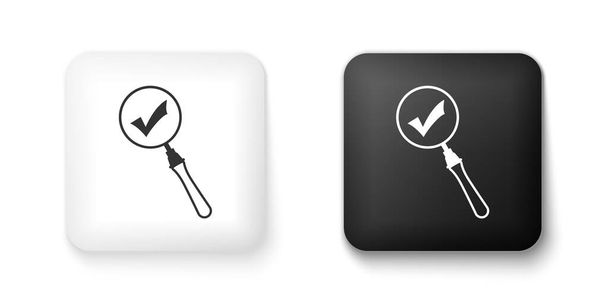 Black and white Magnifying glass and check mark icon isolated on white background. Magnifying glass and approved, confirm, done, tick, completed symbol. Square button. Vector. - Vector, Image