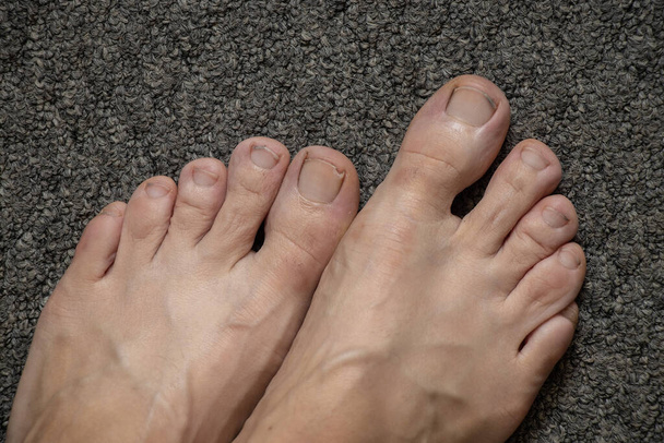 piedi femminili su tappeto grigio a piedi nudi a casa primo piano - Foto, immagini