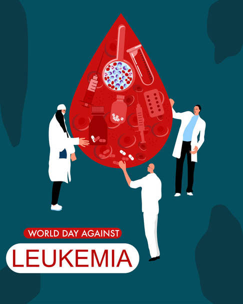 Wereld Leukemie Dag concept. Bloeddruppel met Erytrocyten, leukocyten, pillen, tabletten, medische hulpmiddelen.Kleine artsen maken laboratoriumtests en genezen.Bewustwording van hemofilie of leukose.  - Vector, afbeelding