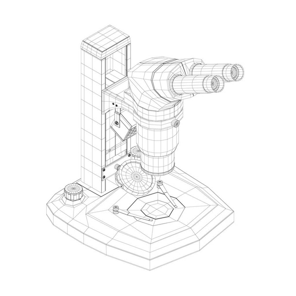 Wireframe of a microscope made of black lines isolated on a white background. Desktop microscope. Isometric view. 3D. Vector illustration - Διάνυσμα, εικόνα