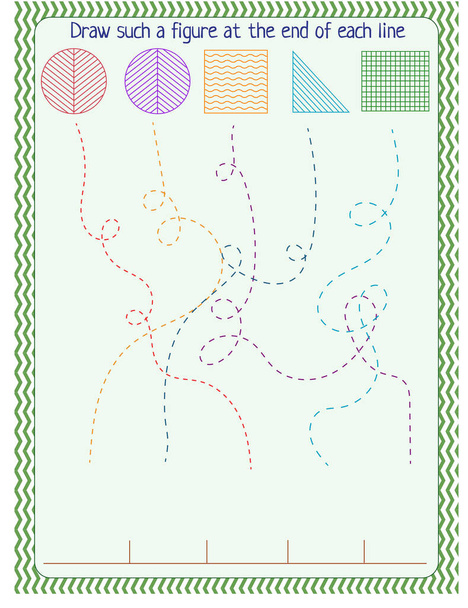 a logic game for children, draw along the line and draw the same figure at the end of each line - Vetor, Imagem