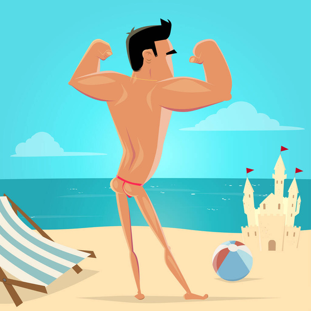 illustrazione cartone animato di un atleta muscolare in posa in spiaggia - Vettoriali, immagini
