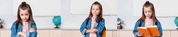 Collage of dreamy and confident schoolgirl holding book in classroom  - 写真・画像