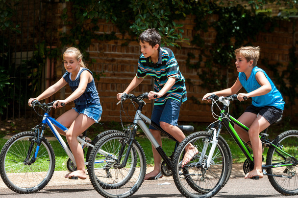 Дети катаются на своих бициклах
. - Фото, изображение
