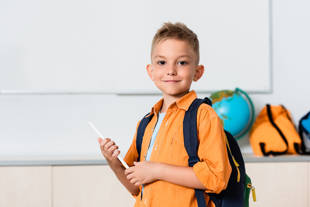 Schoolboy with backpack holding digital tablet in stem school  - Foto, Bild